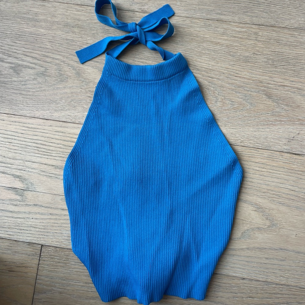 Zara Blue Halter Rib Knit Crop Top Size Small